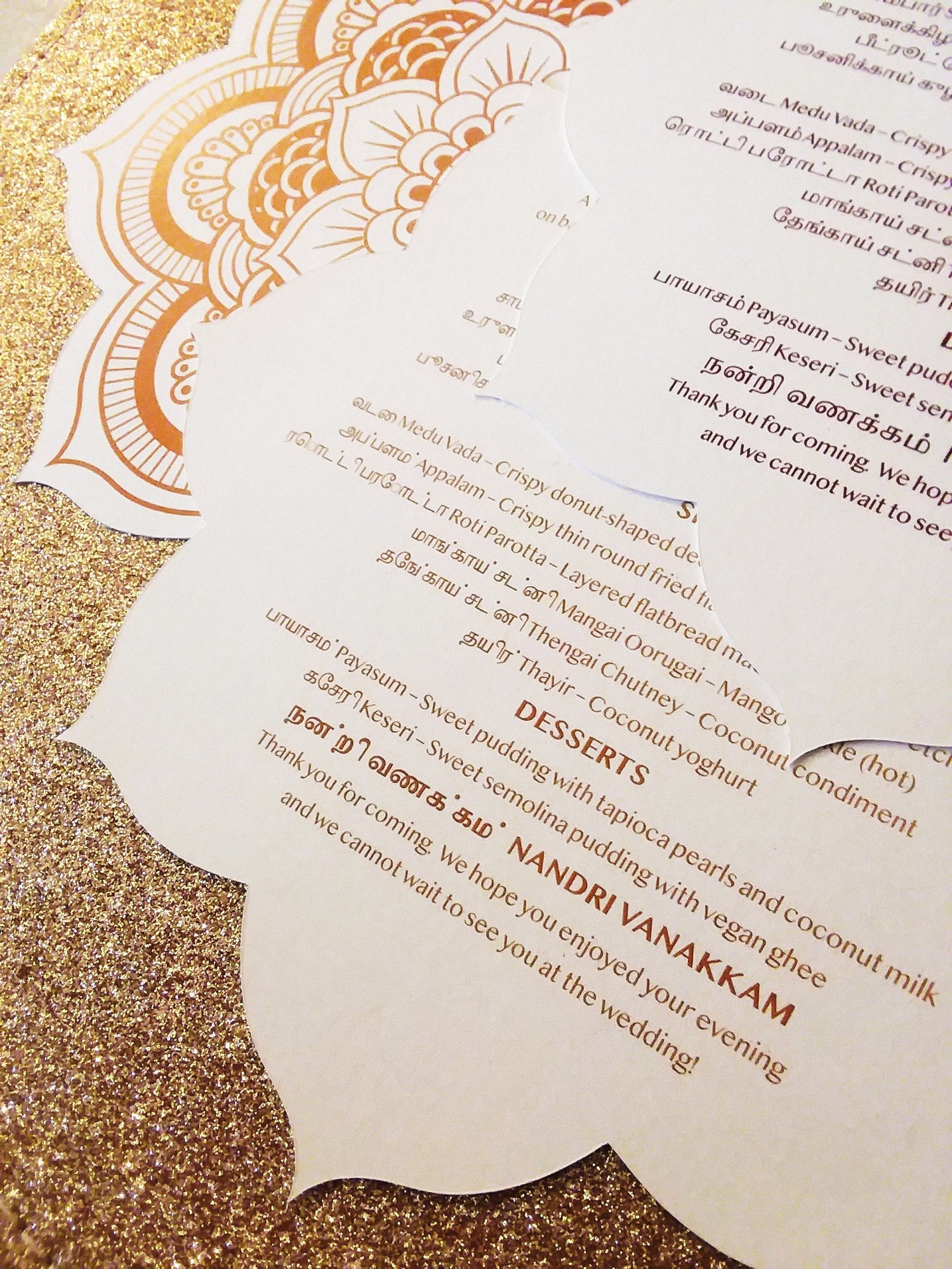 Menu Die Cut - Ivory, Dusty Rose, Champagne, Gold, Bronze, Burgundy, Lotus Mandala - Indian Wedding Dinner Party - Chakra Collection SAMPLE