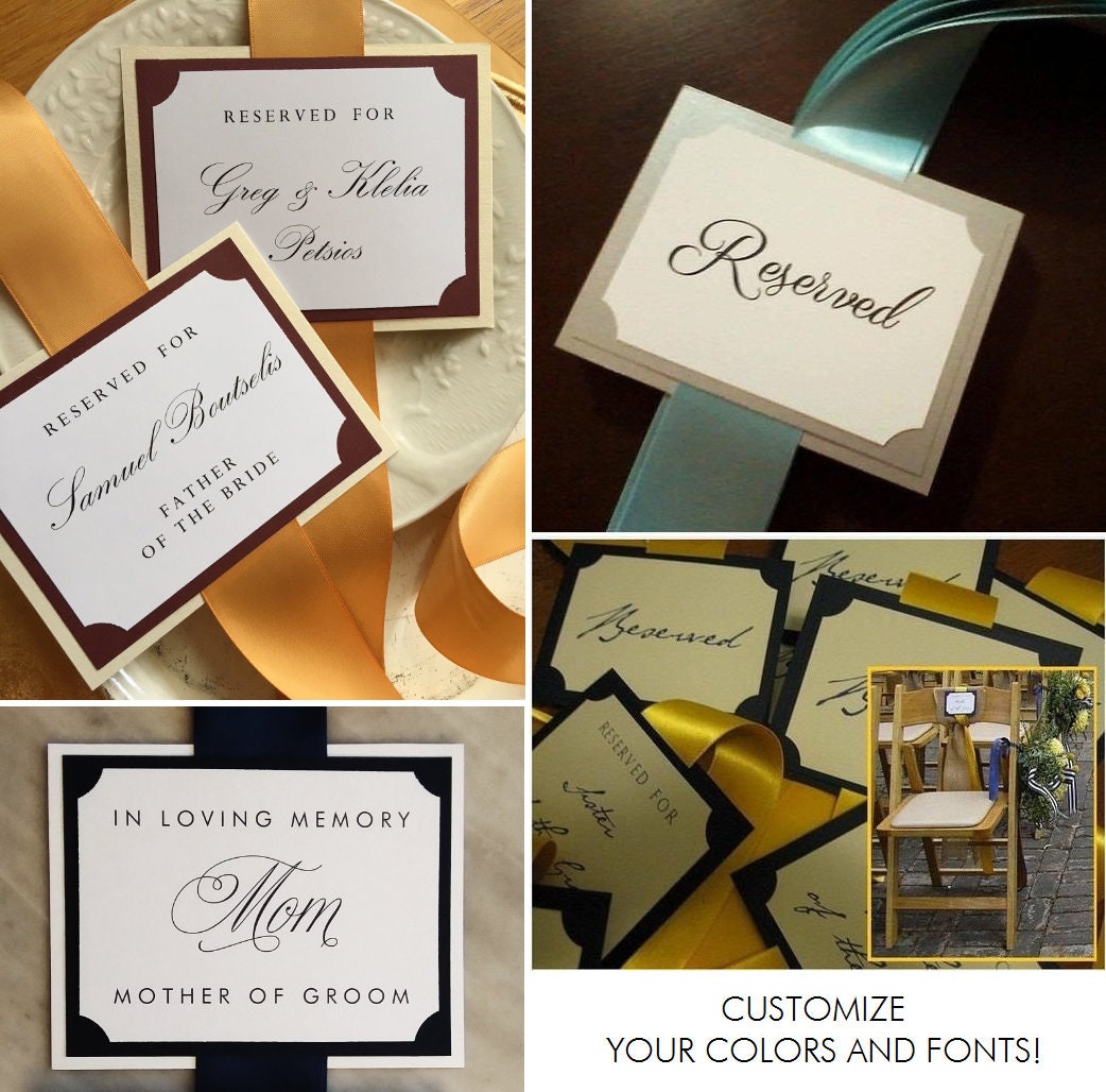 Chair Signs in Custom Colors, Fonts, Reserved for Wedding, Bridal Party, Parents, Family, In Memory, Ceremony, Reception - Bistro Collection