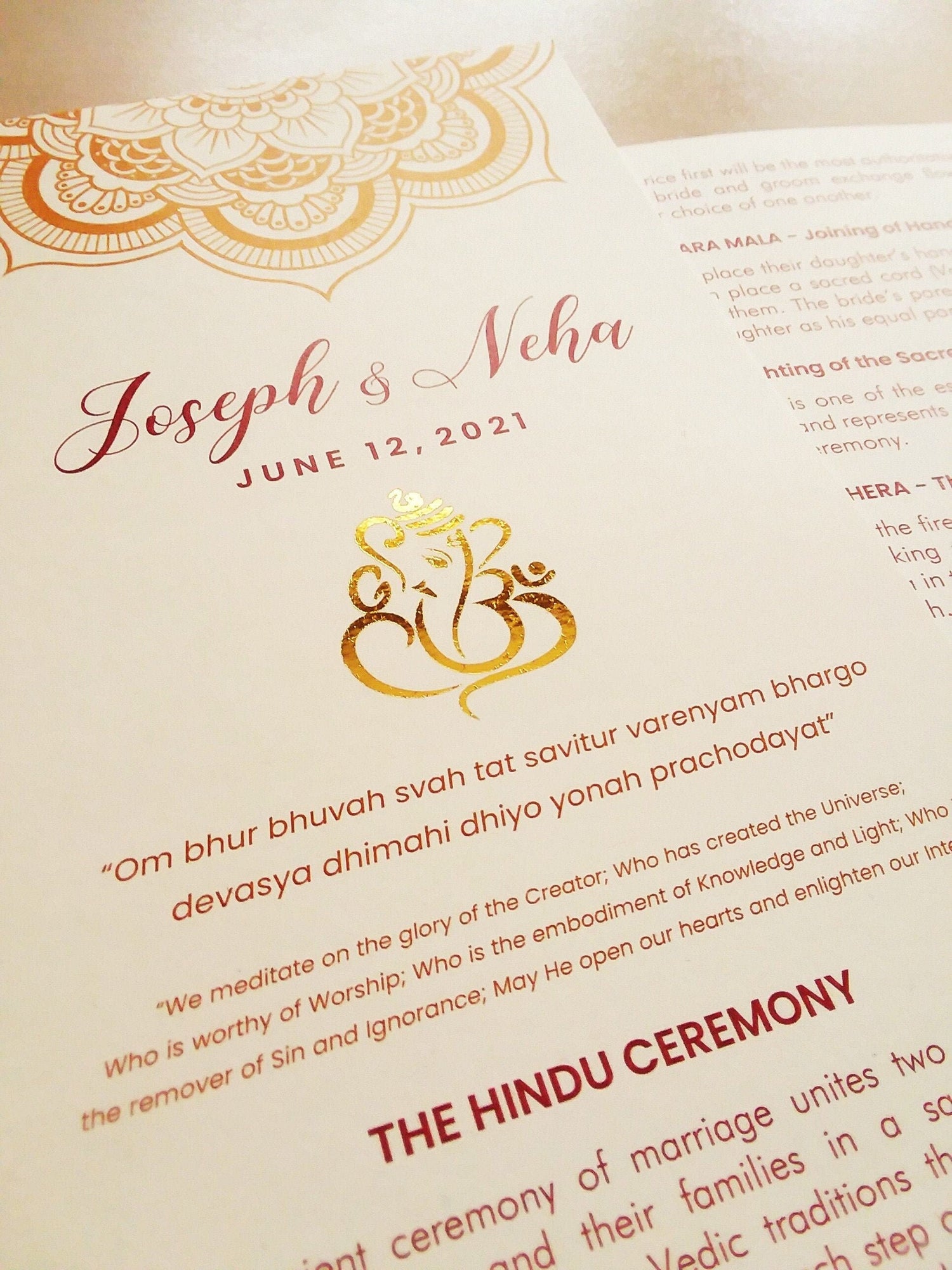 Wedding Program - Ivory, Champagne, White, Gold, Rose, Pink, Burgundy - Ganesh, Lotus Mandala - Indian, Hindu Ceremony - Chakra Collection