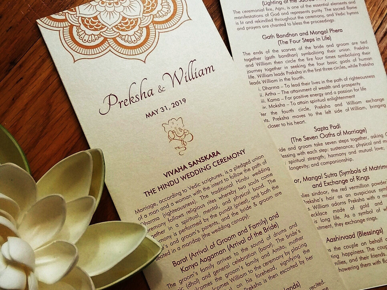 Wedding Program - Ivory, Champagne, White, Gold, Rose, Pink, Burgundy - Ganesh, Lotus Mandala - Indian, Hindu Ceremony - Chakra Collection