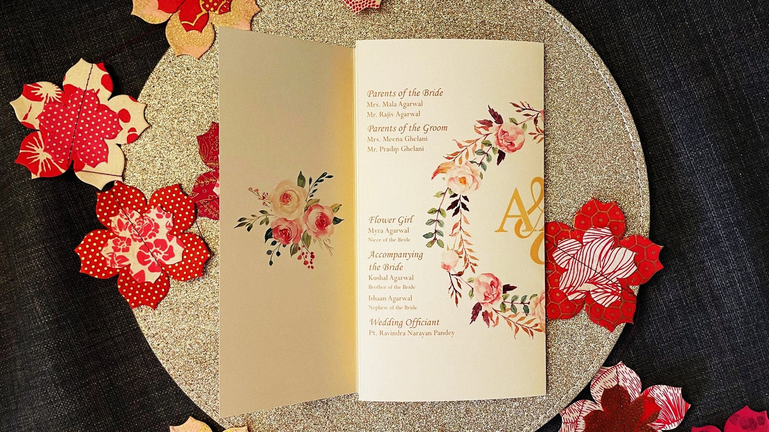 Wedding Program - Ivory, Gold - Pink, Red Roses, Watercolor Clip Art, Monogram, Ganesh - Indian, Hindu Ceremony - Chakra Collection SAMPLE