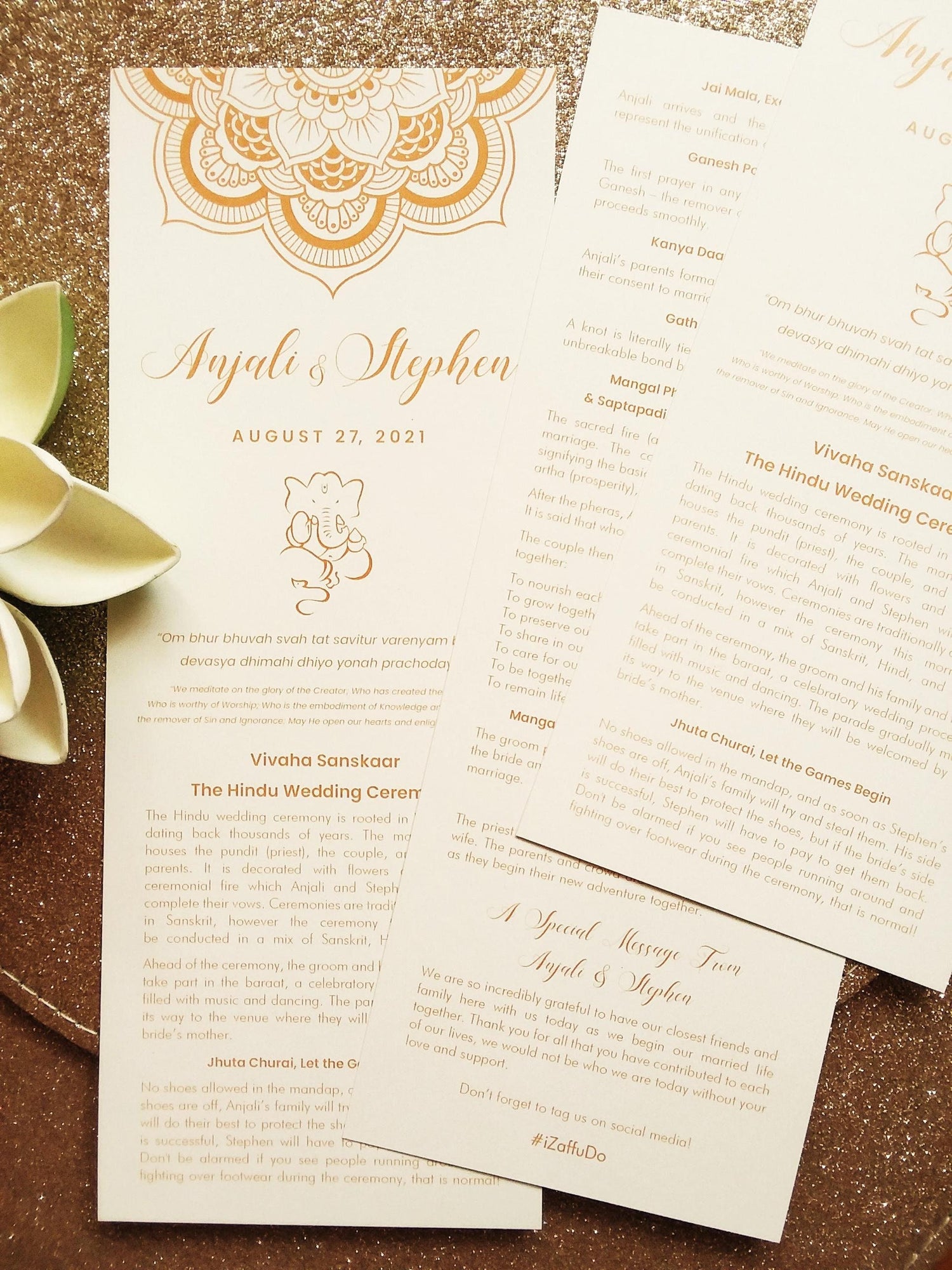 Wedding Program - Ivory, Champagne, White, Gold, Rose, Pink, Burgundy - Ganesh, Lotus Mandala - Indian, Hindu Ceremony - Chakra Collection